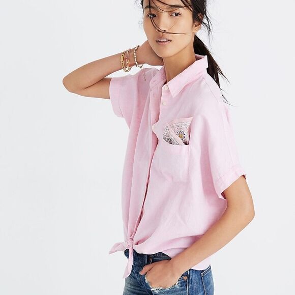 EUC Women's Madewell Tie Front Waist Button Front Top Blouse Shirt Pink MEDIUM - Picture 2 of 6